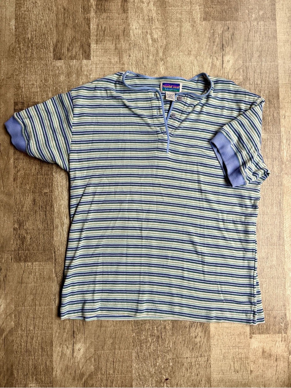 Vintage NorthCrest Striped Henley Short Sleeve Top Blue Green